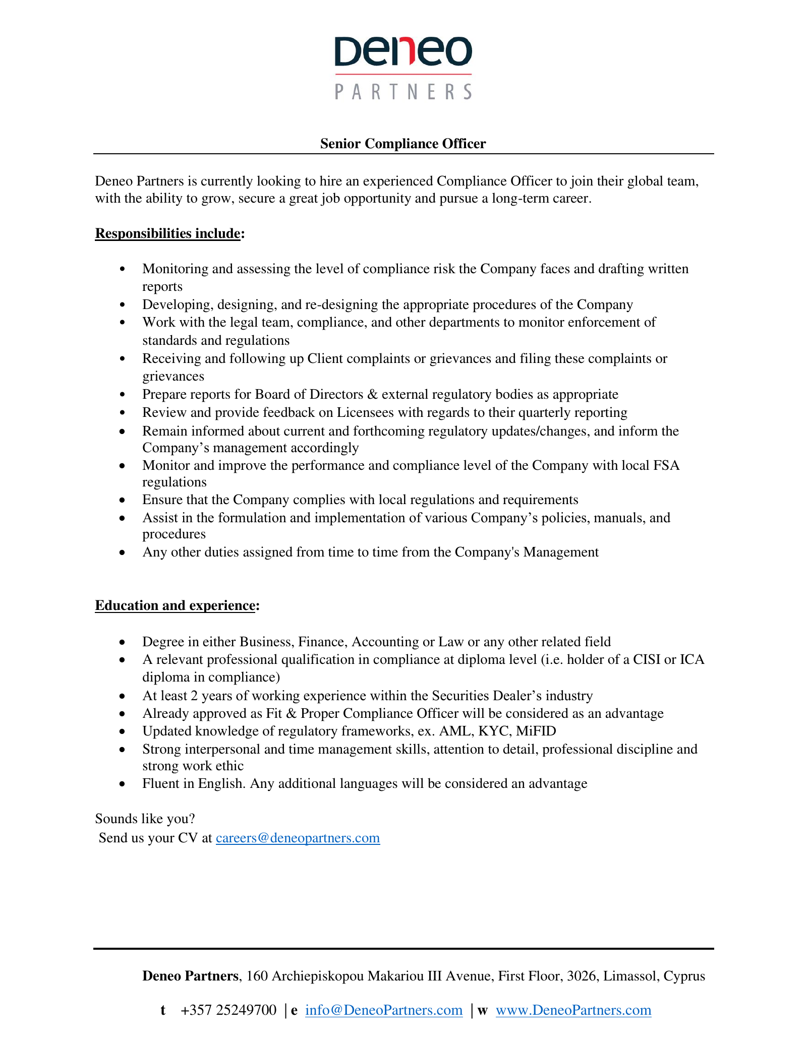 Senior Compliance Officer vacancy advertisement