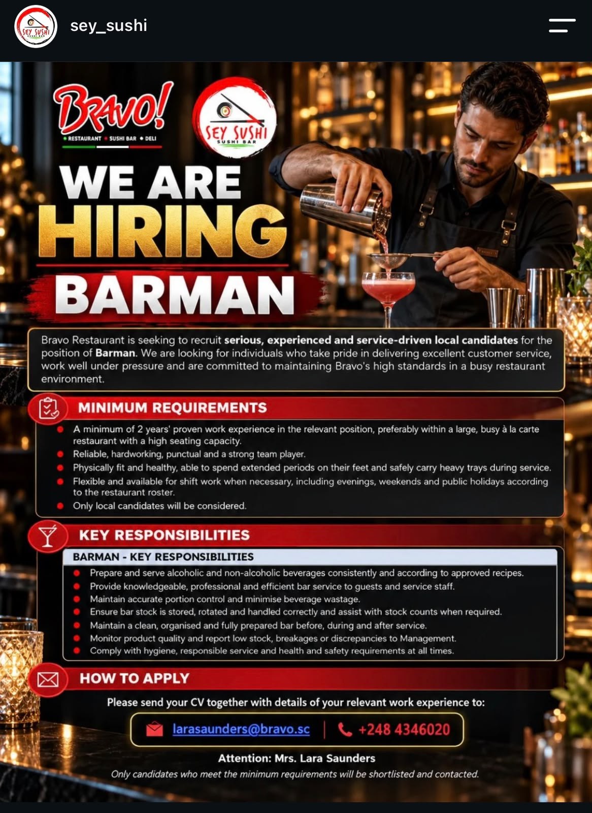 Barman vacancy advertisement